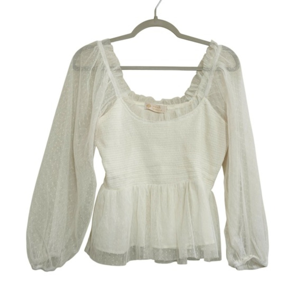 Leela & Lavender White Swiss Dot Mesh Smocked Peplum‎ Top Long Sleeve Romantic